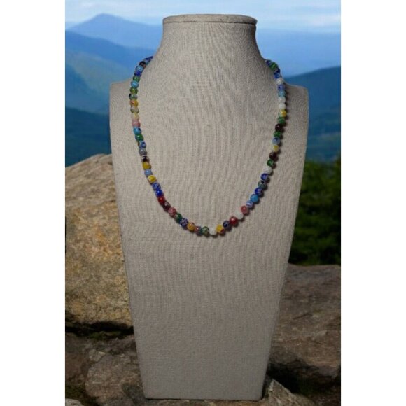 Signed Brielle Art Glass Beaded Necklace on Gold Tone Chain 17" - Picture 1 of 16